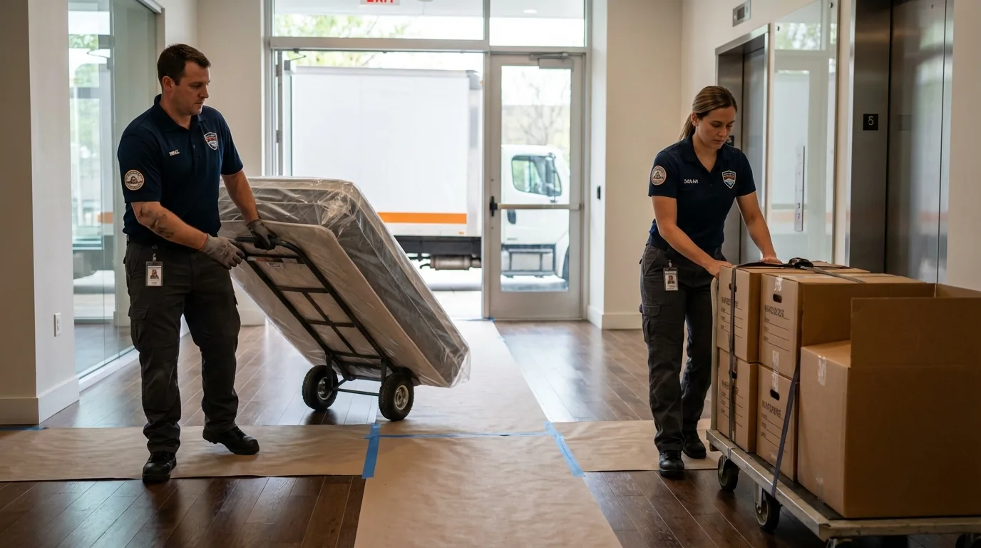 Professional apartment movers loading elevator in Imperial Beach, CA