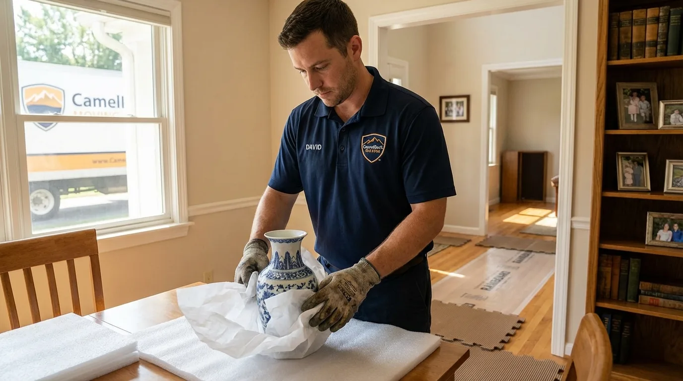 Professional crew carefully wrapping antique vase for senior downsizing move in Imperial Beach, CA